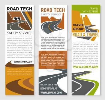 Road safety and construction technology service company vector banners set for highway development or investment corporation. Symbols of motorway tunnels and highway routes with bridges