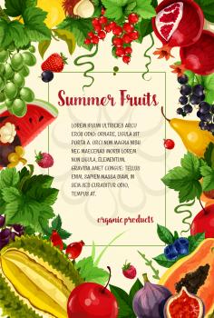 Fruits and berries vector poster. Summer harvest of pomegranate and pear, tropical papaya or mango and red currant or strawberry. Watermelon, orange grapefruit and avocado with grapes and raspberry