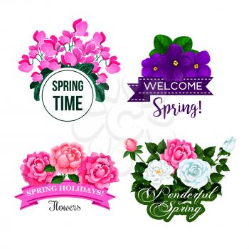 Welcome Spring quotes on floral isolated vector icons. Springtime greetings on ribbons with flowers of blooming crocuses, garden roses bunch and begonia blossoms for Wonderful Spring Time design set