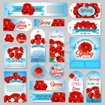 Spring holidays gift tag, sale and discount offer label, greeting card and banner design. Flowers of poppy, lily and orchid green branches with ribbon banner and flying butterfly for springtime design