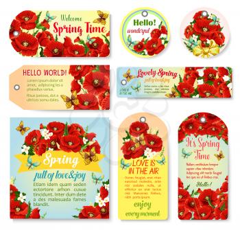 Welcome Spring greeting quotes on banners, posters and cards set with blooming flowers bouquets, spring poppy blossoms and floral bunches with butterflies for springtime holiday design