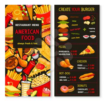 Fast food restaurant vector menu template. Price for fastfood burgers and hot dogs, frech fries and chicken nuggets or wings hamburger or cheeseburger sandwiches, combo meals and ice cream desserts