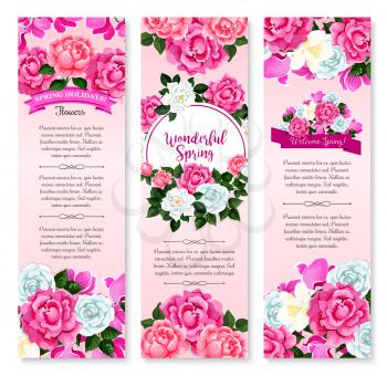 Spring holidays floral greeting banner set. Springtime flower bunch and round frame of white rose, crocus, pink peony and cyclamen, decorated by ribbon with greeting wishes. Spring season theme design