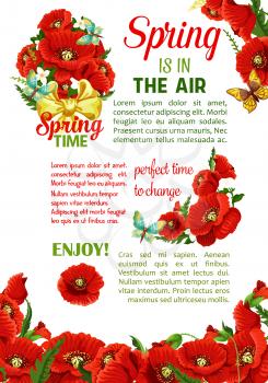 Springtime holidays poster with spring flower bouquet. Floral bunch of poppy flowers and flowering branch of jasmine plant, green leaf and bud, decorated with butterfly and bow. Spring themes design