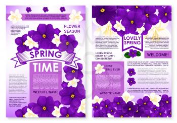 Springtime seasonal posters set with spring flowers and greeting quotes. Vector garden viola bouquets or violet crocuses blossoms with flourish ribbons and blooming floral wreath or orchid petals
