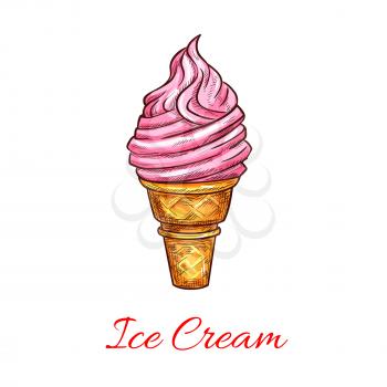 Ice cream sketch. Traditional soft ice cream in wafer cone. Vector icon or symbol for gelateria cafe menu or sign. Frozen iced fruit dessert in waffle of vanilla scoop or sundae eskimo and gelato sorb