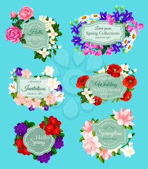 Spring flowers bouquets for wedding invitations and holiday greeting cards. Vector icons set of springtime blooming roses and poppy blossoms, bunches of daisy and begonia flowers, flourish jasmine and
