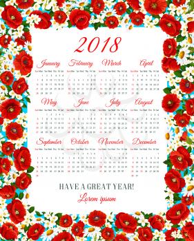 Calendar 2018 vector design template of spring flowers. Vector frame of daisy or crocuses, lily or jasmine and poppy floral bouquets and springtime flourish wreath and spring daffodil flower blossoms