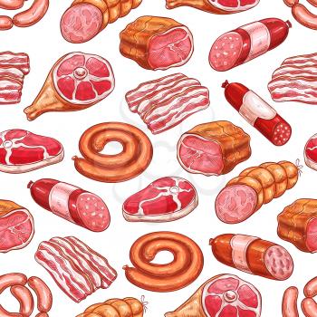 Meat products vector seamless pattern. Butchery shop gourmet delicatessen and gastronomy sketch brisket ham or bacon, brats, wiener and frankfurter sausages, salami or cervelat, ribeye steak and hamon