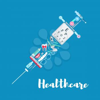 Healthcare vector poster of syringe symbol and medicines. Medical items of dentistry dentist chair, dental tooth braces and surgical scalpel, ophthalmology vision glasses and eye lenses or drops