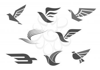 Bird and wings vector icon for company or brand corporate and business identity premium symbols design. Isolated templates set of dove, hawk or eagle birds with spread wing