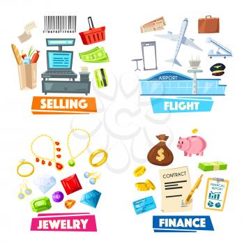 Vector items set of retail selling, travel flight or business finance and jewelry accessories. Work icons of people professions airplane pilot, supermarket shop seller, gold jeweler and businessman