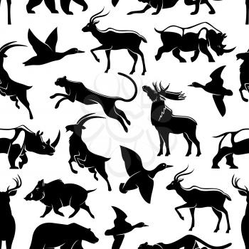 Wild animals and birds vector seamless pattern. Silhouettes of African cheetah panther or puma cat, forest elk or deer and aper boar, grizzly bear or savanna rhinoceros and mountain goat, gazelle and 