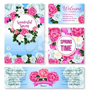 Springtime flower greeting card and banner template. Spring floral frame border of rose, crocus, peony and cyclamen flower with green leaf and wishes of Happy Spring Holidays for festive poster design