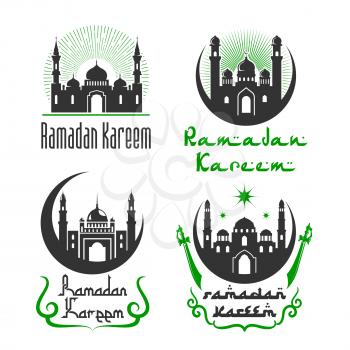 Ramadan Kareem greetings design of mosque, crescent moon and shining star in sky, lanterns in minarets and Arabic calligraphy text for Islamic or Muslim traditional religious holiday. Vector isolated 