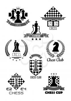 Chess club vector icon for chessplayer team or tournament contest. Vector symbols chessman pieces king and queen, rook or pawn and knight bishop on chessboard, ribbons and laurel stars