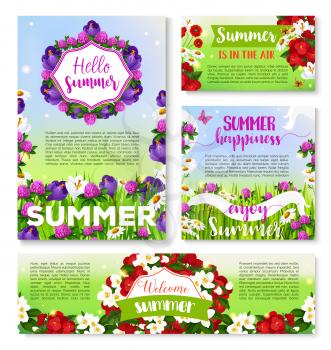 Hello Summer floral banner template. Summer flower field with green grass and butterfly greeting card and poster, decorated with floral frame of daisy, crocus, poppy, clover flowers and ribbon banner