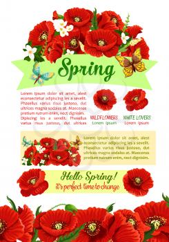 Spring holidays greeting poster with springtime flower. Ribbon banner with wishes of Happy Spring, decorated with flower bouquet of garden poppy and jasmine, green leaf and bud. Spring themes design