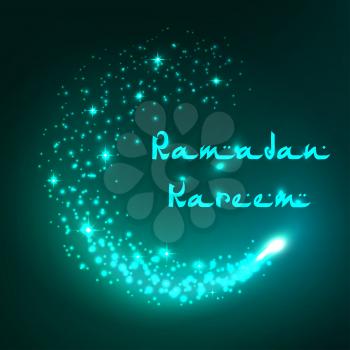 Ramadan Kareem vector greeting card for Islamic traditional religious holiday celebration. Design of sparkling crescent moon of sparkling and shining stars and Arabic calligraphy text for Ramazan Muba