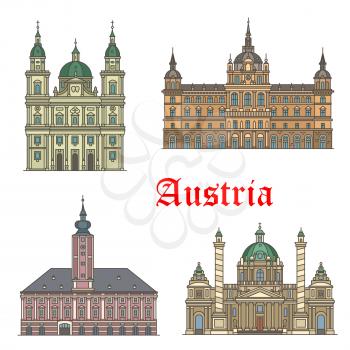 Austrian travel landmarks of architecture thin line icon set with Baroque church Karlskirche, Salzburg Cathedral, City Hall or Grazer Rathaus, St Polten town hall. Travel guide, tourism themes design