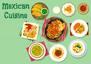Mexican cuisine tacos icon served with avocado guacamole dip, stuffed pepper with meat, beef roll, corn bean soup, chicken vegetable fajitas, pasta with sausage, tomato meatball soup, banana dessert