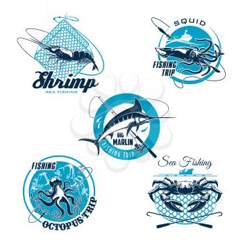 Sea fishing symbol set. Crab, shrimp, blue marlin, octopus and squid with fishing rod, boat and net trap. Fishing trip badge, sporting club emblem, seafood and fish market sign design