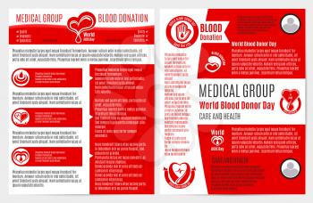 Blood donation medical brochure and poster template. Healthcare information text layouts, World AIDS Day and Blood Donor Day badges of heart with blood drop, pulse, helping hand. Charity themes design