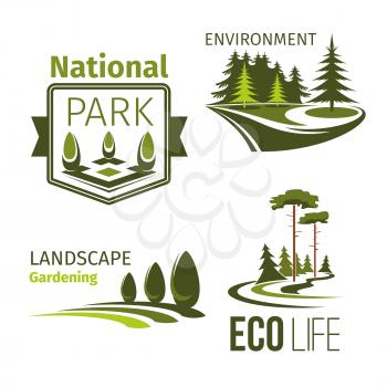 Landscape design and eco park symbol set. Green tree, grass lawn and decorative plant isolated badge with ribbon banner for landscaping and gardening service, ecology and environment protection design