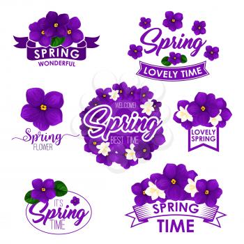Springtime greeting quotes and isolated flowers design. Vector templates for Welcome Spring and Wonderful Spring Time with floral wreath of violets or blooming crocuses and orchid blossoms