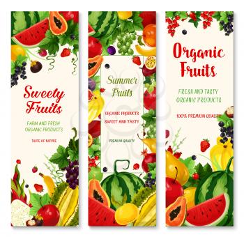 Summer fruit banners. Organic farm apple and strawberry, banana, orange and cherry, grape, lemon, papaya, watermelon and plum, fig, dragon fruit and carambola, passion fruit, durian and currant berry