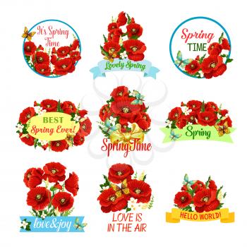 Spring flower bouquet isolated icon set. Flower of poppy and flowering jasmine branches, green leaf and herb, arranged into floral frame and bunch with bow and ribbon banner for springtime design