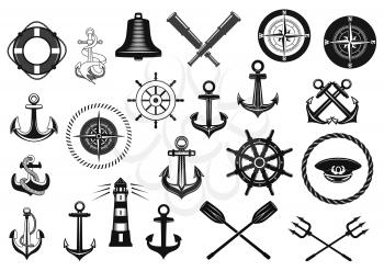 Nautical icon set. Marine anchor, helm, rope, captain hat, compass, lighthouse, steering wheel, ship bell, spyglass and lifebuoy isolated symbol. Nautical equipment for heraldic emblem and badge set