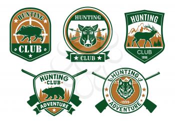 Hunting club sporting badge set. Wild boar, deer, bear, wolf, elk and hog animals on heraldic shield and round stamp with crossed rifle, target sign and ribbon banner for hunting sport design