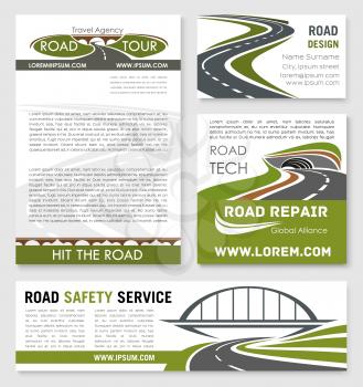 Road and highway banner template with bridge and tunnel. Road building company business card, travel agency poster, car trip and traffic safety flyer design