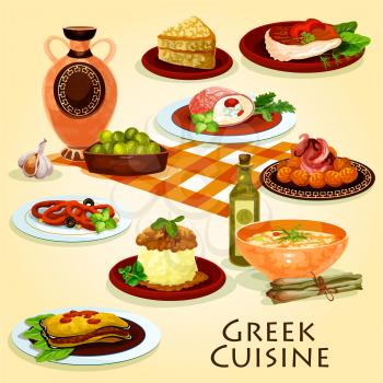 Greek cuisine traditional dinner icon of eggplant casserole baked with cheese, olive fruit, fried fish, squid rings marinated in wine, lentil soup, chicken stew with mashed potato and honey cake