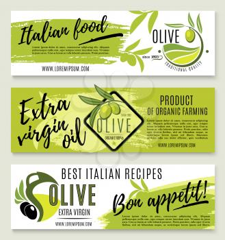 Olive oil banner template set. Green olive branch with fruit and organic olive oil jug symbols for italian food recipe, mediterranean cuisine restaurant menu flyer design