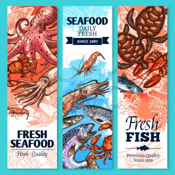 Fish and seafood sketch banner set. Fresh crab, salmon, shrimp, lobster, tuna, octopus, mackerel, sea turtle, squid and herring for fish market label, seafood, mediterranean cuisine restaurant design