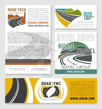Road trip and car travel banner template set. Business card and advertising poster with highway road badges and text layouts for transit travel agency, road tech services and transportation design