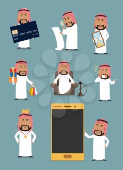 Rich arab businessman cartoon character set. Saudi arabian man standing with mobile phone, credit bank card, shopping bag and hourglass, resting with cup of coffee and hookah. Wealth themes design