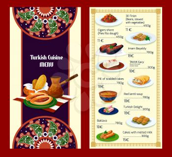 Turkish cuisine restaurant menu with traditional delights and meat dishes. Coffee, baklava, meat pie pide, stuffed eggplant, bean vegetable stew, feta roll, bread, chicken dessert, lentil soup, cake