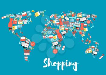 Shopping and sale icons creating world map. Shopping basket and bag, gift box, store, discount and price tag, money, credit card, cloth, shoes, calculator, and barcode symbols in shape of earth globe