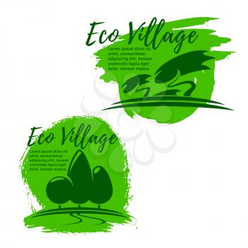 Eco village, green living and ecology icon set. Green tree and plant isolated symbol for eco sustainable real estate agency emblem, environment protection and eco friendly lifestyle design