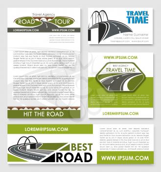 Road trip poster and car travel banner template set. Travel agency business card and vacation journey brochure with road bridge, winding highway, speedy freeway. Transportation services theme design