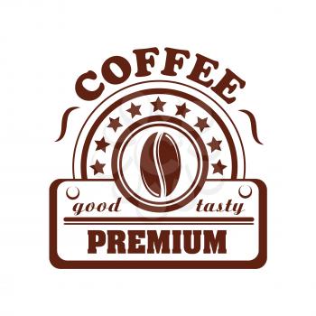 Coffee vector icon for premium product, cafe or cafeteria label design. Symbol of coffee bean and stars for coffeeshop of coffeehouse drinks menu espresso or cappuccino and americano
