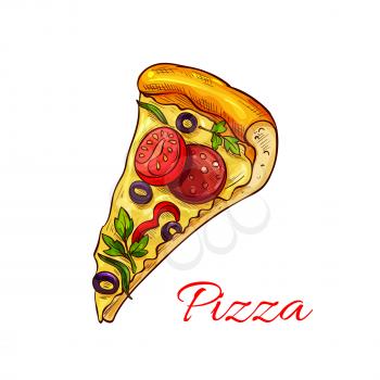 Pizza slice for fast food or Italian pizzeria restaurant or menu element design. Vector isolated pizza piece margherita with mozzarella cheese, napoletana or capricciosa with salami and marinara mushr