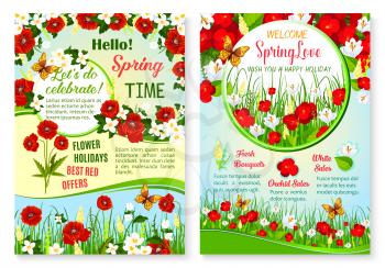 Spring Sale vector posters set for springtime holiday shopping discount offer. Floral design of blooming red poppy or white crocuses blossoms and butterflies in flourish bouquets on spring grass field