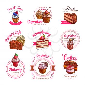 Pastry cakes and cupcakes desserts vector isolated icons for patisserie or cafeteria menu design. Chocolate tiramisu or brownie torte, cherry pie or sweet candy muffin and charlotte pudding with label