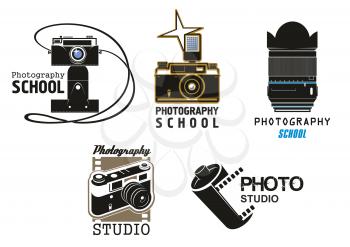 Photography school or professional photo studio vector icons set. Isolated symbols of digital and retro photocamera with vintage film cartridge, photographer lens and flash light design