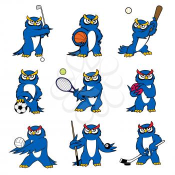 Cartoon owl vector icons of kid pet funny mascot character. Bird playing sport games rugby ball or football soccer and basketball, baseball bat, tennis racket and billiards cue or golf club and hockey