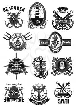 Marine and nautical heraldic icons set. Vector isolated symbols and badges of seafarer ship helm and anchor, lighthouse or life buoy, captain sailor navigator compass and voyager trident on chains